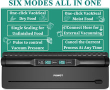 Load image into Gallery viewer, POWOT Vacuum Sealer Machine, 6-in-1 Compact Food Sealer Automatic Air Sealing System For Food Storage With Cutter and 11" x 9.8' Black Roll